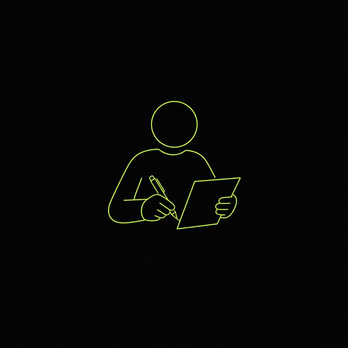 Minimalist neon green line-art illustration on a black background depicting a faceless figure holding a pen and writing on a document or tablet.