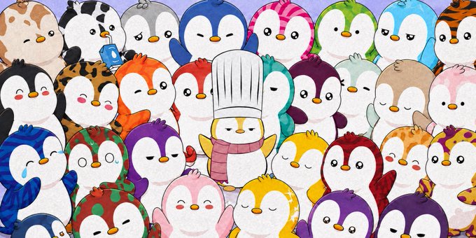 A colorful digital illustration showing a dense crowd of cute, cartoon-style penguins in various colors and patterns, with one wearing a chef's hat in the center.