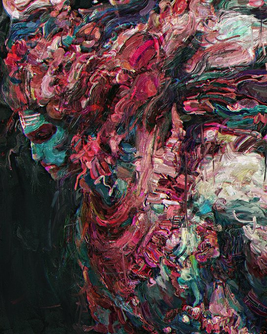 Abstract painting featuring a green-skinned face in profile surrounded by thick, textured brushstrokes in red, pink, and dark tones.