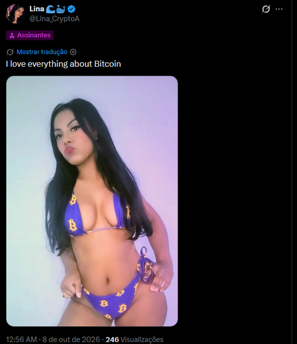 A screenshot of a tweet from user 'Lina' (@Lina_CryptoA) with the text 'I love everything about Bitcoin' accompanied by a photo of a woman in a purple and yellow Bitcoin-patterned bikini posing against a light background.