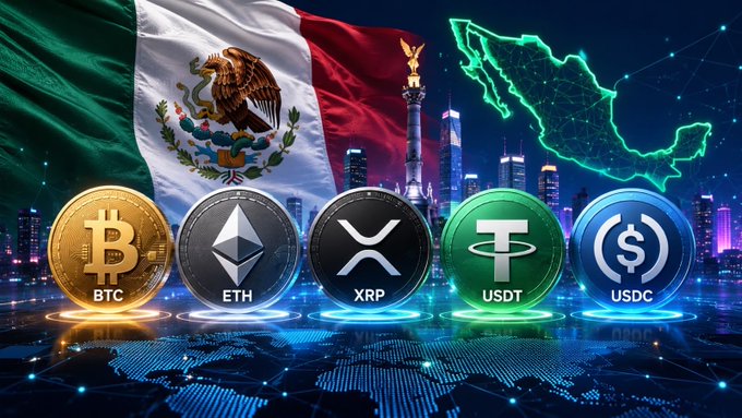 A promotional graphic features the Mexican flag and a green-outlined map of Mexico above cryptocurrency coins labeled BTC, ETH, XRP, USDT, and USDC against a nighttime cityscape.