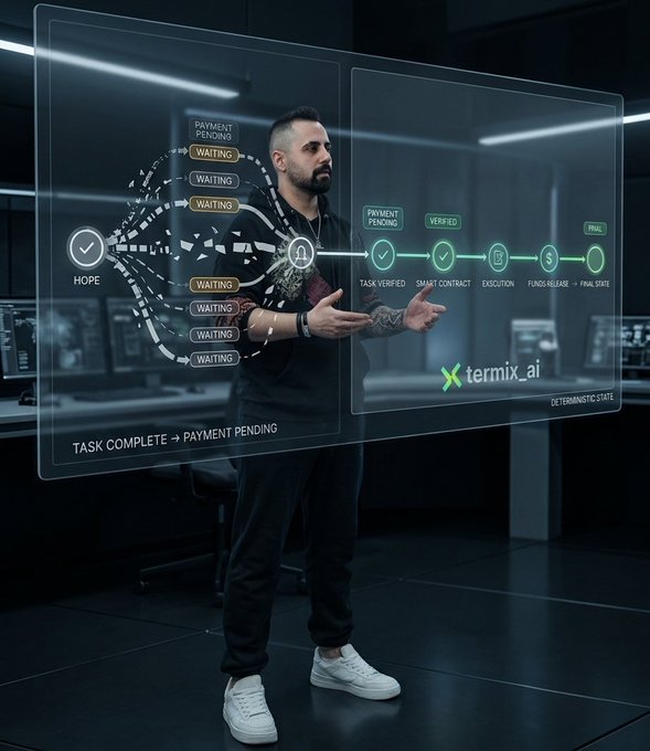 A man interacts with a holographic interface displaying a workflow diagram for 'xtermix.ai', showing processes from 'TASK VERIFIED' to 'FINAL STATE'.