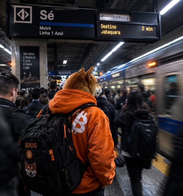 An anthropomorphic Shiba Inu wearing an orange Bitcoin hoodie and a backpack labeled '$DOG' stands on the Sé Metro platform (Linha 1 Azul) in São Paulo, waiting for the train to Jabaquara in 2 minutes.