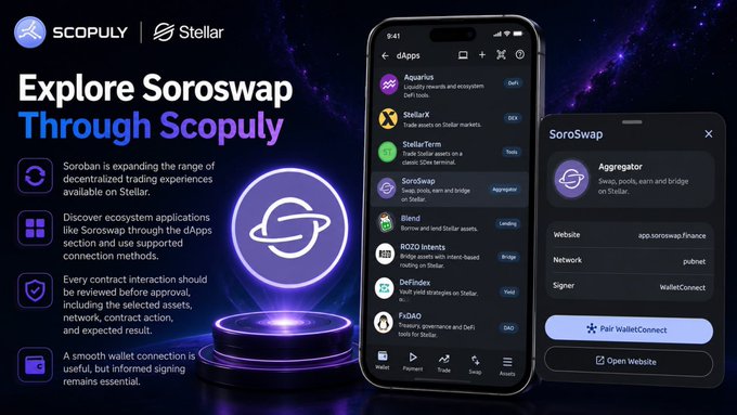 A promotional graphic for Scoply on Stellar, inviting users to "Explore Soroswap Through Scoply" with screenshots of the mobile interface for decentralized trading apps like Aquarius and StellarX.