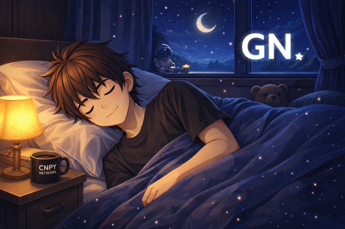 An anime-style illustration of a brown-haired boy peacefully sleeping in bed under a starry blue blanket, with a 'CNPY NETWORK' mug on the nightstand, an astronaut figurine, a teddy bear, and 'GN.' written in the sky outside the window.