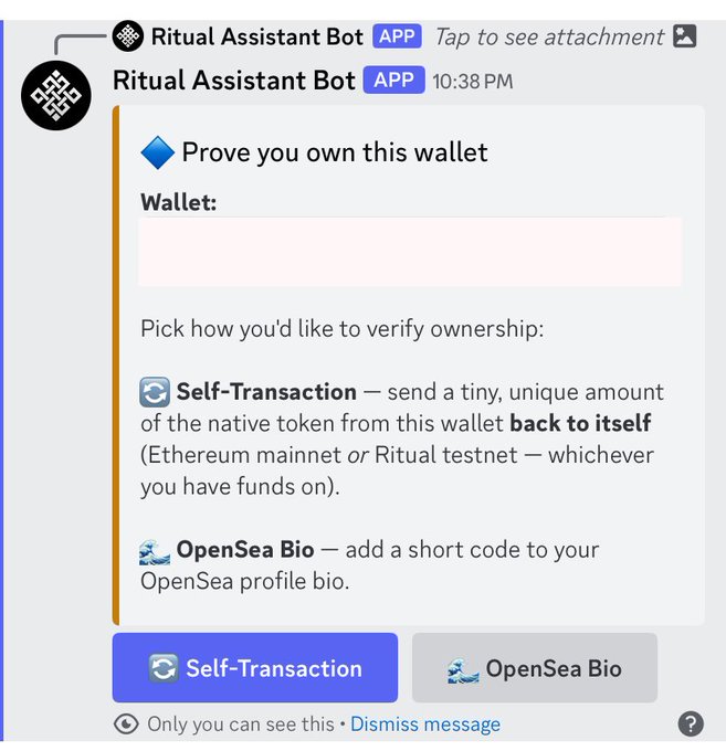 The image shows a Discord message from "Ritual Assistant Bot" instructing users to "Prove you own this wallet" with two verification options: "Self-Transaction" (sending a tiny amount back to the wallet itself) or "OpenSea Bio" (adding a short code to their profile bio). This illustrates the wallet verification step (#3) from the Ritual testnet onboarding process described in the post.