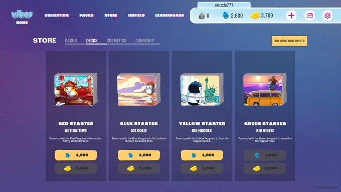 The image shows the Vibes TCG desktop game's store page, displaying four Starter Deck options—Red Starter "Action Time," Blue Starter "Ice Cold!," Yellow Starter "Big Huddle," and Green Starter "Big Vibes!"—each priced at 1,000 gems or 5,000 gold, with the user "voltzs777" having 2,800 gems and 3,700 gold available to make a purchase. This directly relates to the post as the user is deciding between deck colors, with the screenshot showcasing the available options for their potential purchase using MoonPay via OCAP Games.