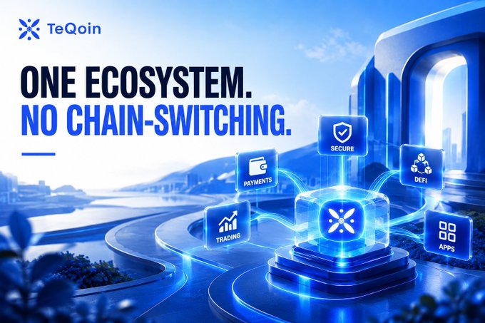 A promotional graphic for TeQoin cryptocurrency with the tagline 'ONE ECOSYSTEM. NO CHAIN-SWITCHING.' featuring floating icons for Secure, DeFi, Payments, Trading, and Apps.
