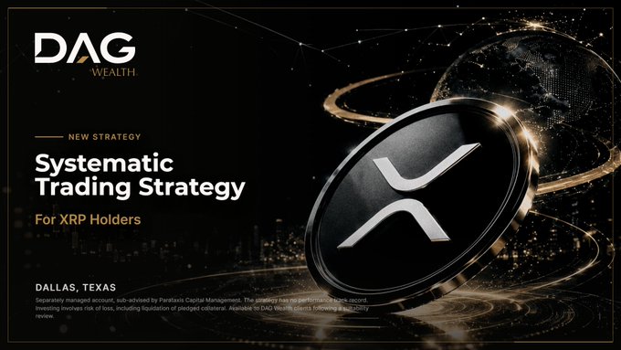 The image is a promotional graphic from DAG Wealth announcing a new "Systematic Trading Strategy" for XRP holders, featuring a large stylized XRP coin emblem against a dark, futuristic cityscape backdrop with gold accents, with fine print noting the strategy is Dallas, Texas-based and managed by ProChain Capital Management. This aligns with the post's mention of launching a first-of-its-kind SMA (Separately Managed Account) product specifically for XRP.