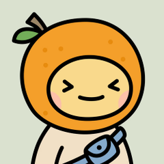 A cartoon illustration of a smiling figure wearing an orange fruit-shaped hood and holding a small blue object.