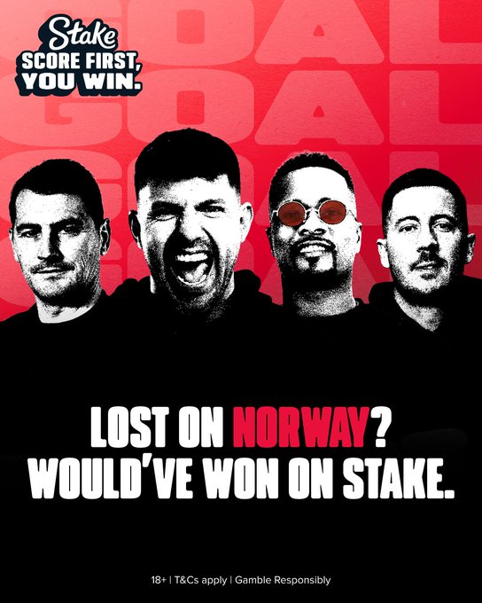 A Stake promotional advertisement features the bold text "LOST ON NORWAY? WOULD'VE WON ON STAKE" alongside the "Score First, You Win" logo and high-contrast black-and-white images of four men against a red background with "GOAL" text. The ad ties to the post's message by highlighting Stake's commitment to paying out bettors whose wagers would have succeeded, turning disappointed Norway bettors into winners through their promotional offers.