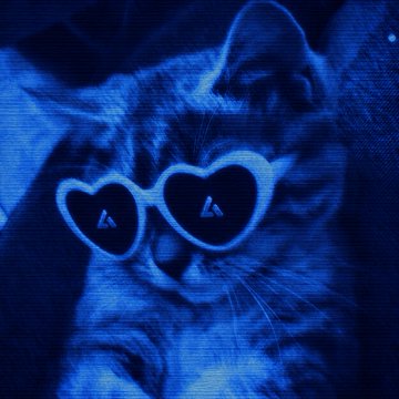 A stylized image of a cat wearing heart-shaped sunglasses with play button symbols, rendered in blue tones with a glitch effect.