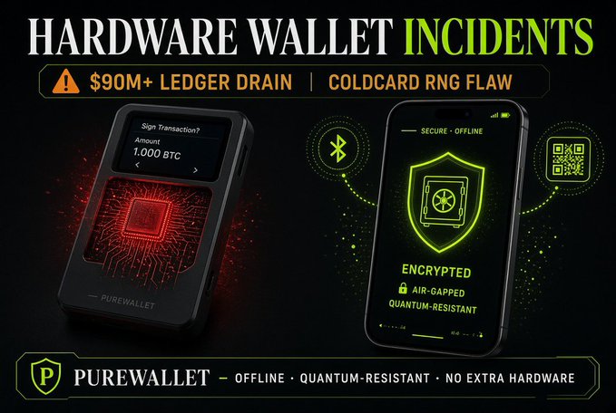 A promotional graphic for 'PUREWALLET' cryptocurrency hardware, warning of '$90M+ LEDGER DRAIN' and 'COLDCARD RNG FLAW', highlighting features like 'OFFLINE', 'QUANTUM-RESISTANT', and 'NO EXTRA HARDWARE'.
