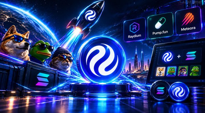A futuristic digital illustration shows a rocket launching into space alongside cryptocurrency logos including Raydium, Pump.fun, and Meteora, with cartoon animal characters in sunglasses.