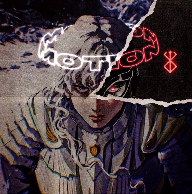 A stylized portrait of a pale-haired figure in ornate armor is split by torn paper effects and chromatic glitching, overlaid with a glowing red neon "MOTION" text and a Bluetooth symbol—visually echoing the post's "create your own motion" prompt through its fractured, kinetic aesthetic.