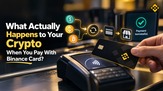 A thumbnail asks 'What Actually Happens to Your Crypto When You Pay With Binance Card?' showing a hand tapping a black Binance card on a payment terminal with a 'Payment successful' checkmark.