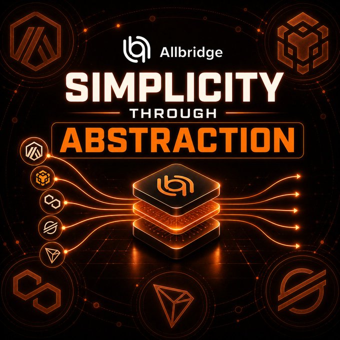 A promotional graphic for Allbridge with the text 'SIMPLICITY THROUGH ABSTRACTION' featuring cryptocurrency logos and a glowing 3D cube design in orange and black.