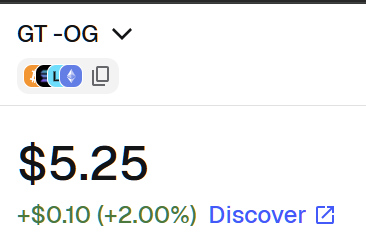 A financial app interface displays a stock price of $5.25 for ticker "GT-OG", showing a gain of +$0.10 (+2.00%) with a "Discover" link.