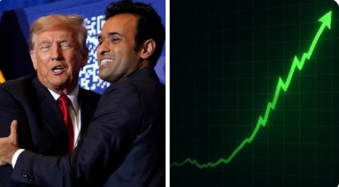 The image shows a photo of a man embracing another man next to a graph with an upward trend. The text in the image reads, "BREAKING: Strive, founded by billionaire Vivek Ramaswamy, has announced plans to raise $5.1 BILLION to acquire more Bitcoin. While retail investors hesitate, the whales keep accumulating. You are scared. Whales are buying." This message seems to be a commentary on the rapid rise of cryptocurrency, with the comparison between the upward trend in the image and the potential for increased wealth in the crypto market. The man hugging suggests a sense of excitement or fear about this impending change.