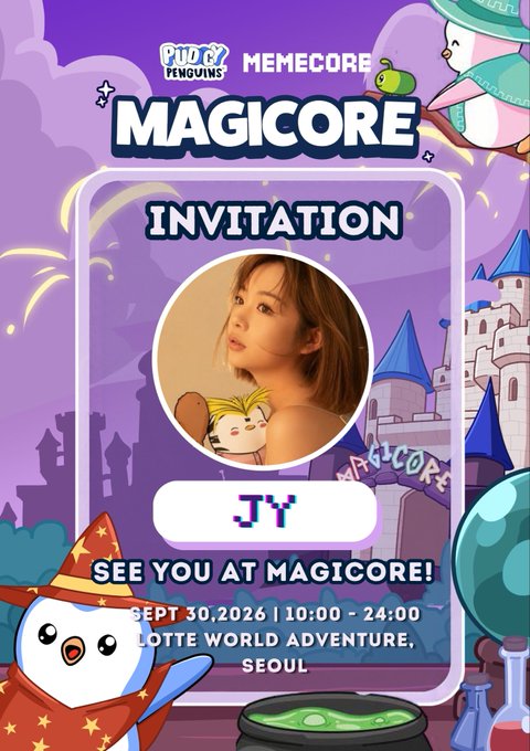 Another purple-themed 'MAGICORE' invitation card from 'Pudgy Penguins x Memecore' showing a photo of a woman named 'JY' with the same event details: 'SEPT 30, 2026 | 10:00 - 24:00, LOTTE WORLD ADVENTURE, SEOUL'.