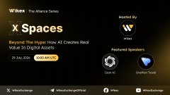 A promotional graphic for a Wikex X Space titled "Beyond The Hype: How AI Creates Real Value in Digital Assets," scheduled for July 24, 2025, at 10:00 AM UTC, featuring host Reid Pax (@reidpaxofficial) and powered by Wikex Exchange (@WikexExchange). The graphic highlights the post's message about cutting through AI hype to discuss genuine applications in the digital assets space, with featured speakers Data AI and Geniusi Next displayed alongside Wikex's branding.