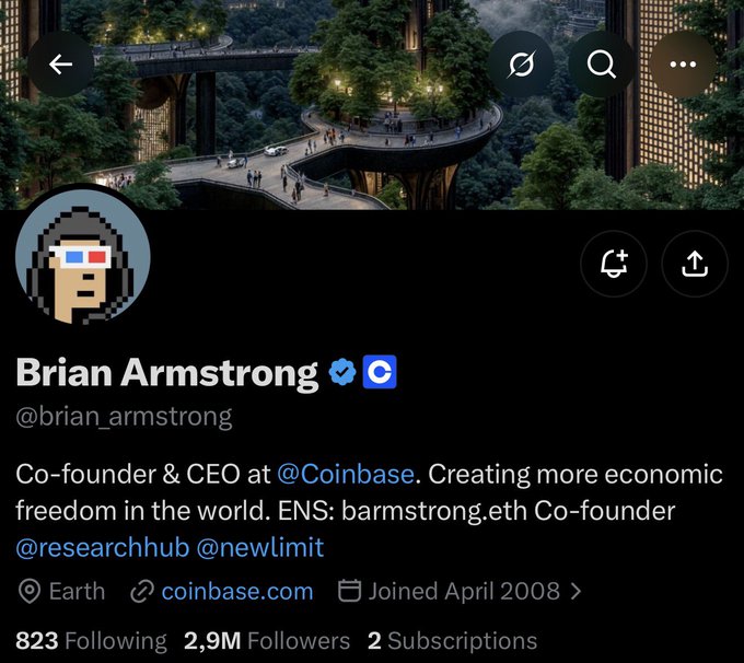 A Twitter/X profile page for Brian Armstrong (@brian_armstrong), identified as Co-founder & CEO at @Coinbase, with a pixel-art avatar and a banner image of an architectural structure surrounded by greenery.