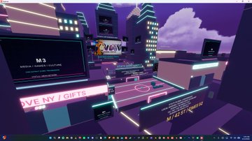 A screenshot of a 3D virtual metaverse environment with neon-lit buildings, basketball courts, and billboards including one for Madison Square Garden.