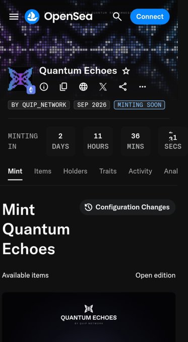 A mobile screenshot of the OpenSea platform showing a 'Mint' page for the NFT collection 'Quantum Echoes' by QUIP_NETWORK, with a countdown of 2 days until minting begins.