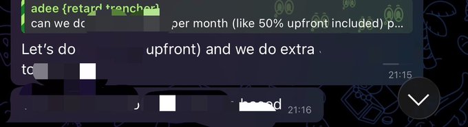 Screenshot of a Discord chat showing a user named 'adee (retard rancher)' negotiating a deal with 'Let's do 50% upfront and we do extra'.
