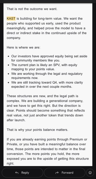A screenshot of a message from KAST (KASTxyz) explaining their plan to convert user points into tokenized equity tied to long-term company value rather than launching a typical token, noting an SPV structure is being worked through with clarity expected by Q4. The image supports the post's theme of KAST prioritizing sustainable equity over a short-term token launch, outlining how accumulated points could translate into real upside.
