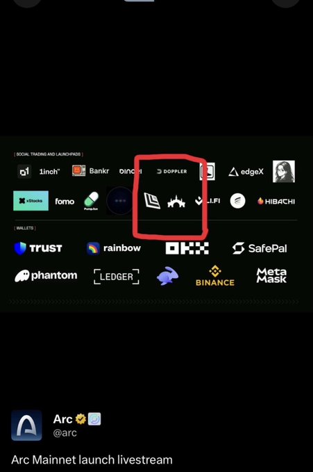 A screenshot of a livestream interface titled 'Arc Mainnet launch livestream' showing logos of social trading platforms and wallets, with the Doppler logo circled in red.