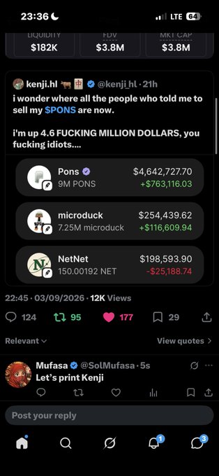 A Twitter post by @kenji_hl celebrating being up $4.6 million, mocking those who told him to sell $PONS, with top holders Pons ($4.6M), microduk ($254K), and NetNet ($198K) shown.