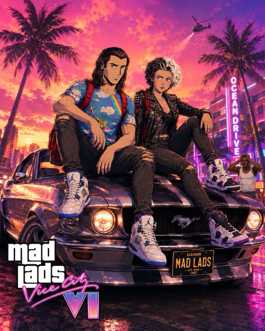 Two stylized characters—a man in a cloud-print shirt and a punk-styled woman—sit on a classic Ford Mustang beneath a neon "OCEANDRIE" sign at sunset, with the title "Mad Lads Vice City VI" and a California license plate reading "MAD LADS" displayed prominently.

The image serves as the vibrant, retro-inspired cover art for the "Mad Lads Vice City VI" NFT collection, referenced in the accompanying post.