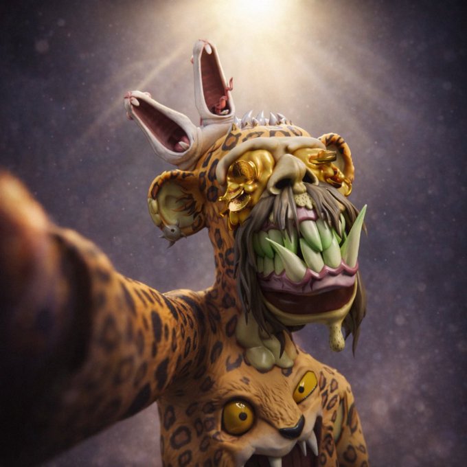 A grotesque figurine featuring a leopard-print body with multiple mismatched faces—including bunny ears, sharp green fangs, and yellowed bulging eyes—is illuminated by dramatic backlighting. The monstrous, mutated creature perfectly embodies the post's "HaPpY MuTaNT MoNDaY" theme.