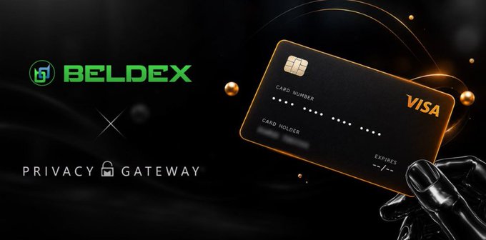 A promotional graphic featuring the Beldex logo and a 'Privacy Gateway' tag alongside a black Visa credit card held by a metallic hand.