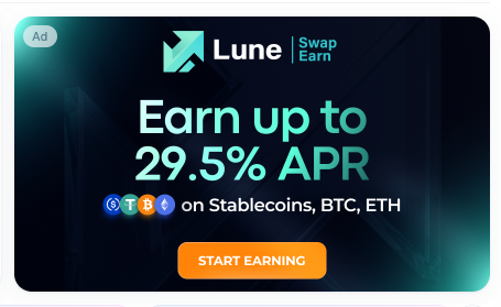 A Lune | Swap Earn advertisement promises “Earn up to 29.5% APR on Stablecoins, BTC, ETH,” with an orange “START EARNING” button. The high-yield crypto pitch contrasts with the accompanying warning about risky platforms and collapses such as Terra Luna, Celsius, BlockFi, and Voyager.