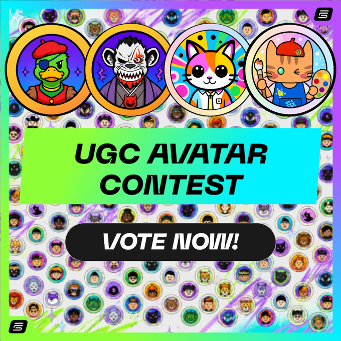 A promotional graphic for a 'UGC AVATAR CONTEST' featuring four featured cartoon avatars (a duck, a vampire, a cat, and a cat artist) with a 'VOTE NOW!!' button.