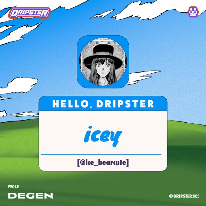 A digital profile card for 'Dripster' featuring the anime character Icey, with the handle '@ice_bearcute' and role 'DEGEN'.