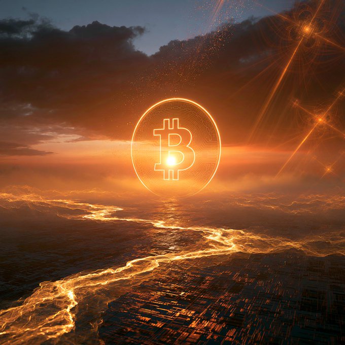 An artistic rendering of the Bitcoin logo glowing brightly over a sunset landscape with rivers of light and stars in the sky.