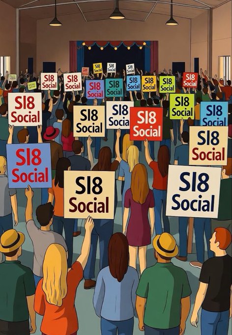 An illustrated scene of a crowd holding signs that all read 'S18 Social' facing a stage with lights.