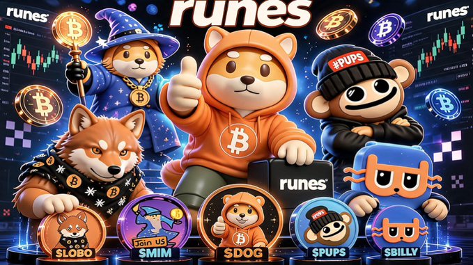 The image features a group of cartoon animals, including a brown fox, a white dog, and an orange kitty cat, all dressed up as characters from the game "Runes". They are standing together against a black background with various elements related to Bitcoin and cryptocurrency symbols in the foreground. The animals appear to be interacting or posing for a photo, showcasing their unique costumes and personalities.