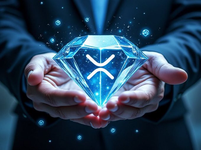 Two hands hold a glowing blue diamond featuring the XRP (Ripple) logo, with sparkling particles floating around it against a dark background.