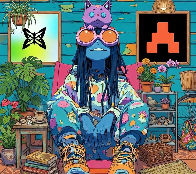 The image features an illustration of a girl sitting in a chair wearing colorful clothes and glasses. She has a cat perched on her head, adding a whimsical touch to the scene. The background includes various potted plants and books, creating a cozy atmosphere. The caption for this image reads "I got a little lost in the previous Web3 discussion and found two interesting ones you might want to consider @quipnetwork It'S essentially a high speed highway for your data It'S incredibly fast, decentralized, and protected with top tier privacy No lag, no hassle."