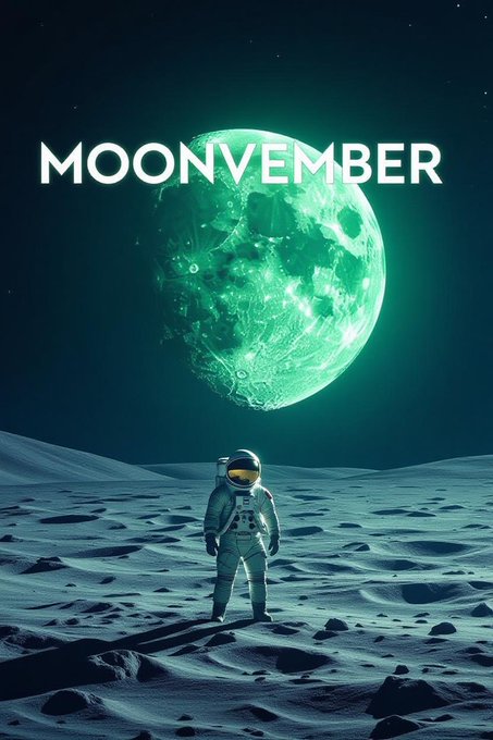 An astronaut stands on the moon beneath a glowing green “MOONVEMBER” planet, visually evoking the “In November, we moon…” meme and the relaunched coin.