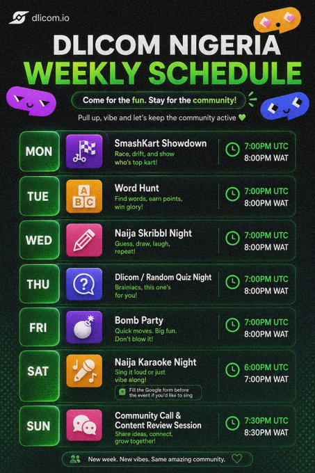 Promotional graphic for Dlicom Nigeria's weekly schedule featuring activities like SmashKart Showdown on Monday, Word Hunt on Tuesday, and Community Call on Sunday, with times listed in UTC and WAT.