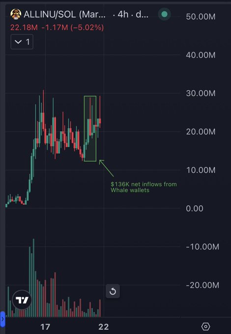 A cryptocurrency trading chart displays 'ALLINUS/SOL' at $22.18M with a -5.02% decline, featuring a green annotation arrow pointing to '$136k net inflows from Whale wallets'.
