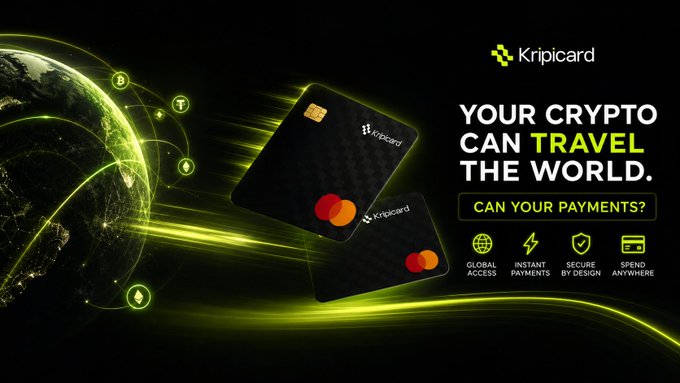 An advertisement for Kripicard showing two black credit cards with the text "YOUR CRYPTO CAN TRAVEL THE WORLD. CAN YOUR PAYMENTS?"