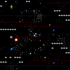 A pixel art depiction of a space shooter game scene with stars, bullets, and explosions against a black background.