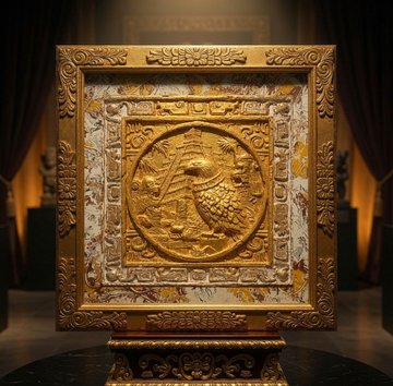An ornate golden framed relief sculpture featuring an eagle motif, displayed in a dimly lit gallery setting with draped curtains.