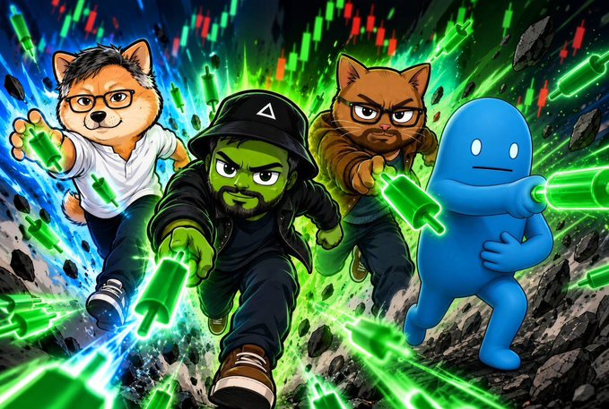 A digital illustration depicting four characters—two with cat-like features, a human with a bucket hat, and a blue blob creature—firing glowing green energy weapons amidst flying debris.